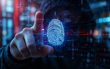 Hacker performing data breach using fingerprint scanner technology
