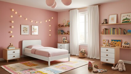 Modern Minimalist Kids Bedroom with Wooden Furniture and Playful Decor