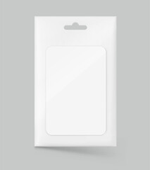 Loyalty, gift plastic card with packaging mockup.  Flat lay view. Vector illustration isolated on grey background. Ready for your design, presentation, promo. EPS10.