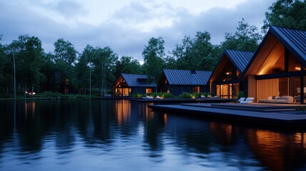 Fototapeta premium Lakeside Luxury: Illuminated Cabins at Dusk