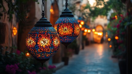 Two mosaic lanterns illuminate a charming, dimly lit alleyway at dusk.