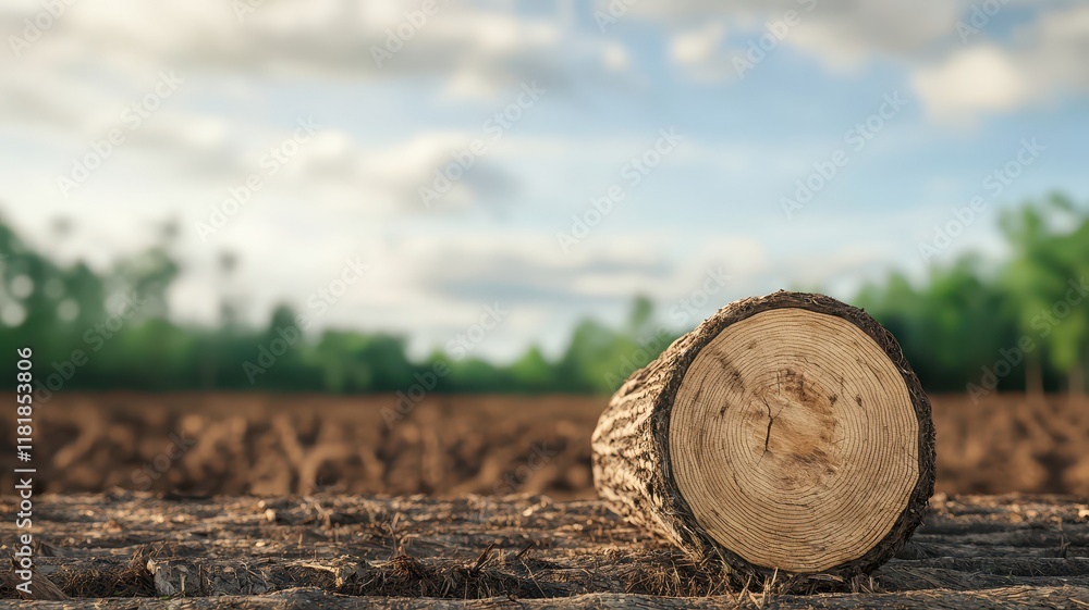 Poster a cut tree log rests on a cleared field, with a blurred forest backdrop under a cloudy sky, evoking 
