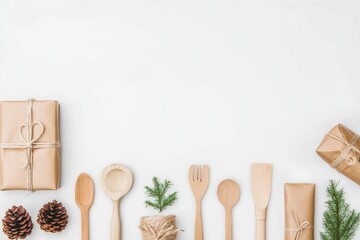 Eco-Friendly Holiday Gift Set: Sustainable and stylish arrangement of wooden kitchen utensils, eco-friendly gift boxes, pine cones, and fir branches on a minimalist background. Perfect for blogs.