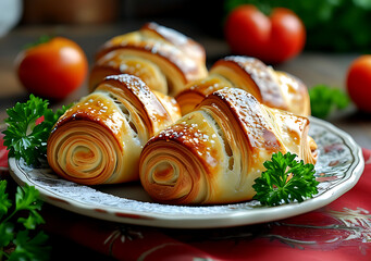 Fototapeta premium Close-Up a view of Golden Puff Pastry Dish With Fresh Tomatoes and Parsley on Decorated Plate