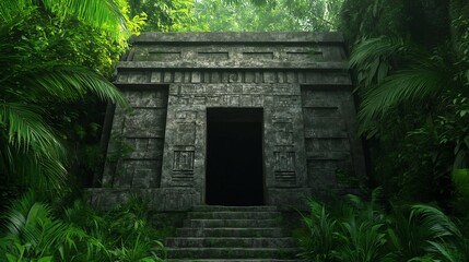 Naklejka premium Overgrown Ancient Ruin and Hidden Temple Entrance in Lush Jungle Landscape