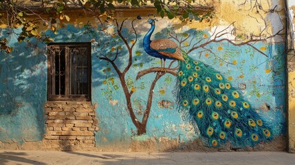 A vibrant peacock perched gracefully on a wall, showcasing its colorful feathers and regal elegance against a serene backdrop.