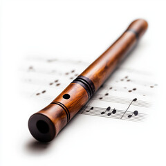 Wooden recorder on music sheet with vintage details isolated design on white background