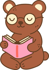 Cute bear reading book with glasses