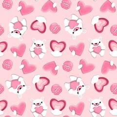 Seamless pattern with a bear, heart, rainbow, cake on a pink background
