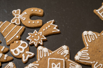 Baked and decorated gingerbread cookies.
