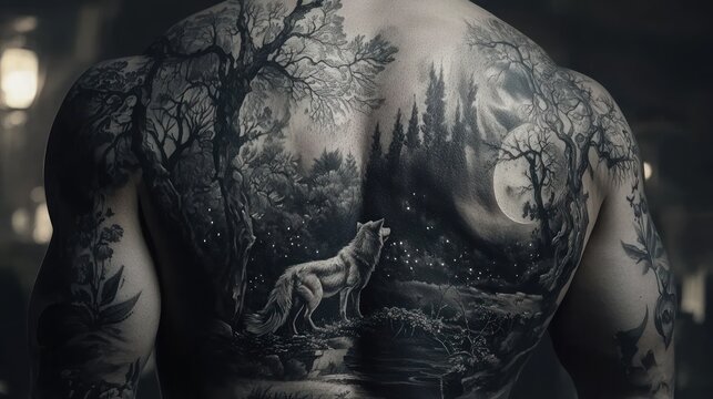 A man's back features a detailed grayscale tattoo of a wolf howling at a moonlit castle in a forest.