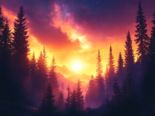 Vibrant sunset over a silhouetted mountain forest.