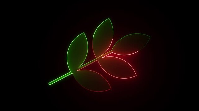 Neon line green and red color Animated leaf icon on black background video.