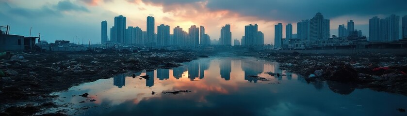 Dramatic Urban Skyline Reflecting in Polluted River Symbolizing Environmental Damage