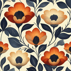 Elegant floral seamless pattern with orange and beige flowers and dark leaves on cream background