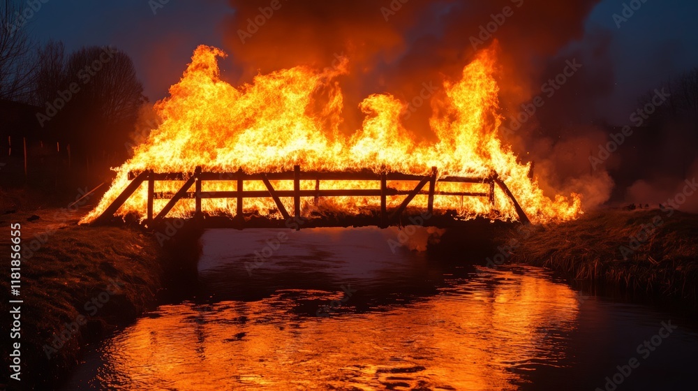 Poster large flames engulfing a wooden bridge over a creek at twilight, creating a dramatic scene of destru