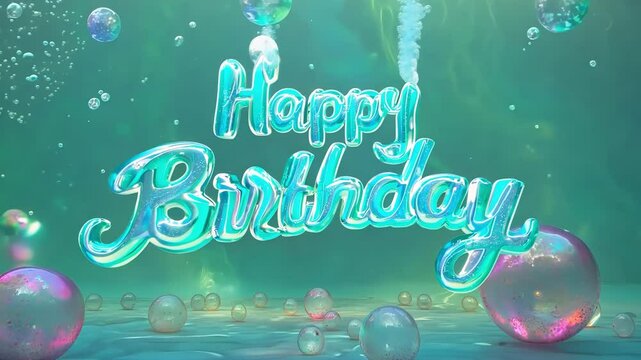 Festive happy birthday message bold lettering. Aquatic whimsical underwater mermaid seascape serene atmosphere. Floating water bubbles and pearls. Translucent letters, birthday card template