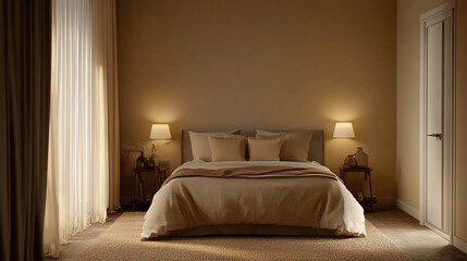 Stylish bedroom with mocha mousse color of the year hues walls and cozy bedding. Empty space for wall art mockup.