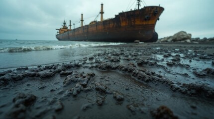 Naklejka premium Rusty ship stranded on a muddy shore