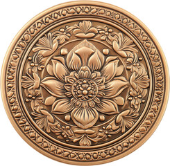A decorative, circular medallion featuring intricate floral designs and a central lotus motif on white background, crafted in a bronze-like finish. cut out.