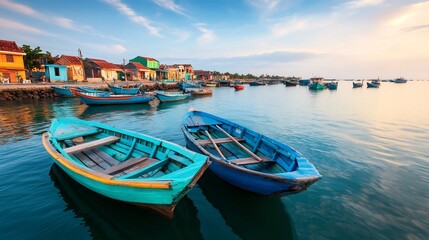 Fototapeta premium Vibrant Fishing Village with Colorful Wooden Boats Docked Along the Shoreline