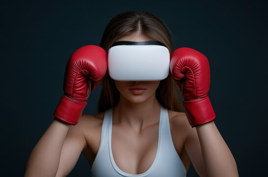 A woman wearing VR headset to exercise with simulation boxing games, Young female athlete boxer virtual reality combat experience activity.