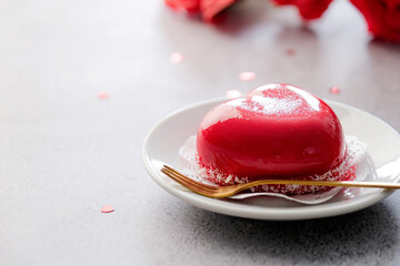 red heart cake on small plate for valentines day dessert
