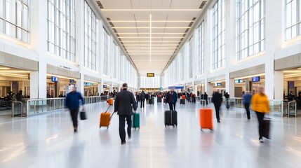 Busy Airport Terminal Filled With Travelers Pulling Suitcases Past Large Glass Windows