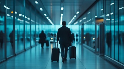 Busy Airport Terminal with Travelers and Luggage Moving Through Glass-Enclosed Corridor