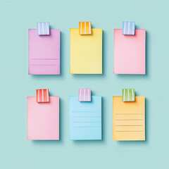 Colorful sticky notes with vibrant pastel hues on blue background isolated design on white background