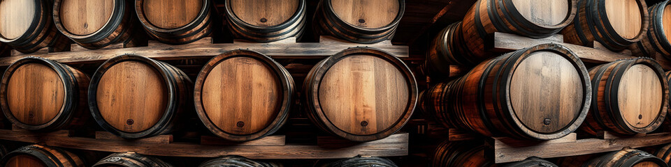 Wooden wine or cognac oak barrels stacked in cool cellar in distillery house. Craft beer or brandy production. Winery and winemaking. Wine aging process. Background for banner, poster, wallpaper