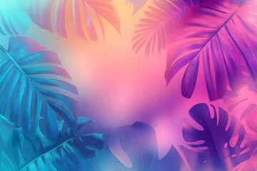 Fototapeta premium Tropical and palm leaves in gradient holographic neon colors. Summer party, travel, holiday, vacation. Retro background with copy space for banner, poster, invitation