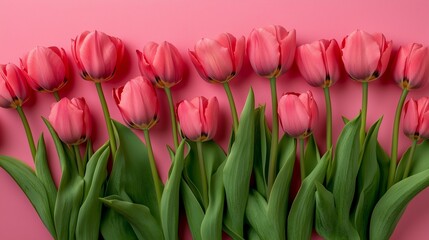 Fototapeta premium Background for Mother's Day or Women's Day. Pink tulips with copy space