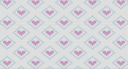 Purple heart with blue square on white knitted patten, Festive Sweater Design. Seamless Knitted Pattern