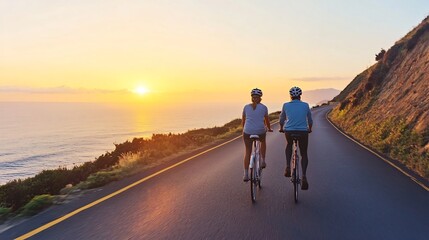 Fototapeta premium Cycling Coastal Sunset Landscape Scenic Road Adventure Outdoor Travel