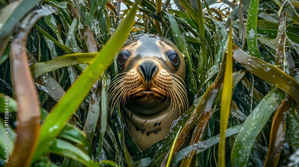 Poster a curious sea lion explores its underwater world, peeking through lush strands of kelp in a serene c