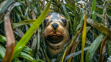 Obraz premium A curious sea lion explores its underwater world, peeking through lush strands of kelp in a serene coastal environment. The creature's inquisitive nature shines through in its expressive gaze