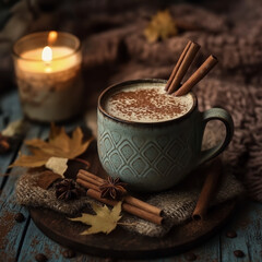 Mug of coffee with cinnamon sticks and a candle in the background. The candle is lit and the coffee is hot
