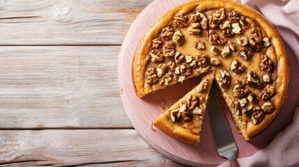 Scrumptious Walnut Cheesecake: A Perfect Autumnal Delight. A Delicious Homemade Treat with Walnut Topping on a Wooden Board. An Elegant Dessert Presentation.
