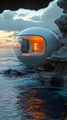 Obraz premium Futuristic spherical oceanside dwelling at sunset