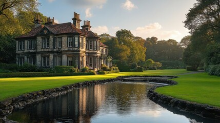 Fototapeta premium A luxurious country manor with expansive gardens and a pond.