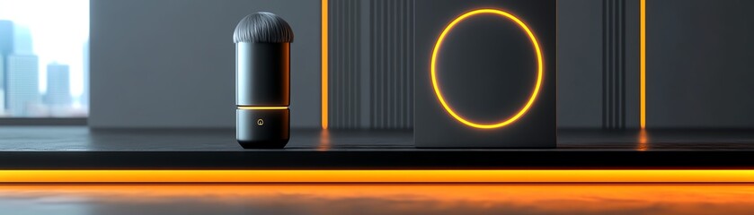 3D render of a short, layered bob wig in ashy gray, displayed on a sleek black pedestal with glowing accents
