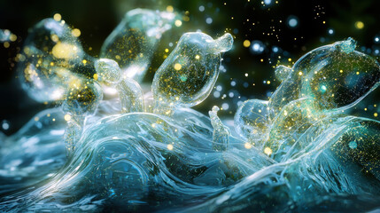 artistic depiction of water molecules glowing in waves, creating magical scene