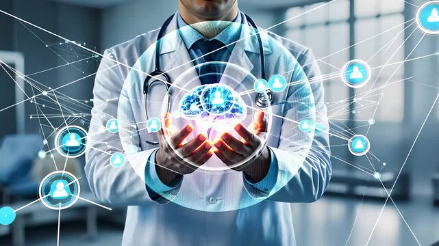 Doctor Holding Holographic Brain Interface with Digital Medical Icons in a Futuristic Healthcare Environment

