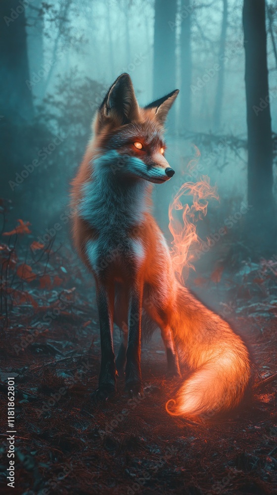 Poster a captivating fox stands gracefully amidst an ethereal forest, its tail trailing luminous smoke that