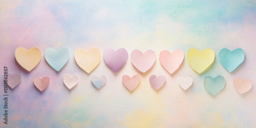 Poster pastel colored paper hearts in a row on soft gradient background concept