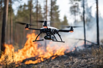Firefighting drone deploys foam to combat raging wildfire in forested area during emergency response operations