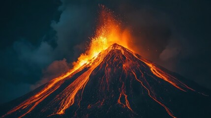 Erupting volcano at night with glowing lava and dark clouds.