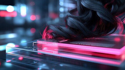 A 3D render of textured curly extensions, rich ebony tones, resting on a glass platform with dramatic lighting