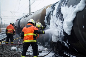 Firefighters spray foam on a burning train car in a rapid response effort during an emergency incident